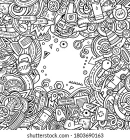 Cartoon cute doodles Vehicle frame card. Line art detailed, with lots of objects background. All objects separate. Border with cars symbols and items