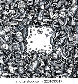 Cartoon cute doodles Vehicle frame card. Monochrome detailed, with lots of objects background. Border with cars symbols and items