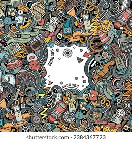 Cartoon cute doodles Vehicle frame card. Colorful detailed, with lots of objects background. All objects separate. Border with cars symbols and items
