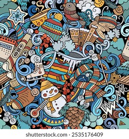 Cartoon cute doodles Winter season seamless pattern. All objects separate. Colorful detailed, with lots of objects background. Endless vector illustration.