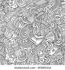 Cartoon cute doodles Winter season seamless pattern. Line art detailed, with lots of objects background. Endless vector illustration.