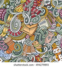 Cartoon cute doodles Winter season seamless pattern. Colorful detailed, with lots of objects background. Endless vector illustration.
