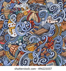 Cartoon cute doodles Winter season seamless pattern. Colorful detailed, with lots of objects background. Endless vector illustration.