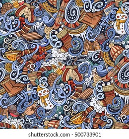 Cartoon cute doodles Winter season seamless pattern. Colorful detailed, with lots of objects background. Endless vector illustration.