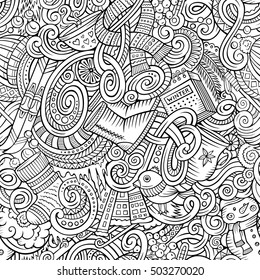 Cartoon cute doodles Winter season seamless pattern. Line art detailed, with lots of objects background. Endless vector illustration.