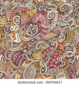 Cartoon cute doodles Winter season seamless pattern. Colorful detailed, with lots of objects background. Endless vector illustration.