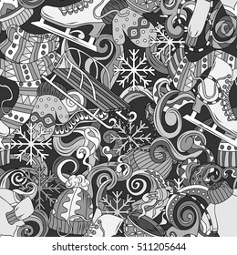 Cartoon cute doodles Winter season seamless pattern. Sketch detailed, Endless vector illustration.
