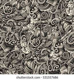 Cartoon cute doodles Winter season seamless pattern. monochrome detailed, with lots of objects background. Endless vector illustration.