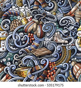 Cartoon cute doodles Winter season seamless pattern. Colorful detailed, with lots of objects background. Endless vector illustration.