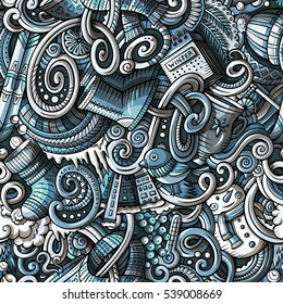 Cartoon cute doodles Winter season seamless pattern. monochrome detailed, with lots of objects background. Endless vector illustration.