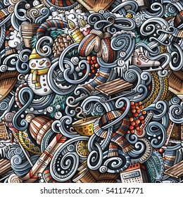 Cartoon cute doodles Winter season seamless pattern. Colorful detailed, with lots of objects background. Endless vector illustration.