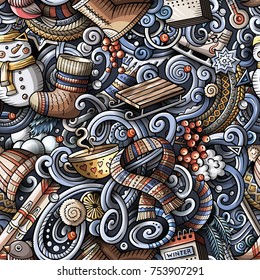 Cartoon cute doodles Winter season seamless pattern. All objects separate. Colorful detailed, with lots of objects background. Endless vector illustration.