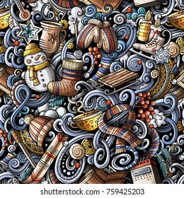Cartoon cute doodles Winter season seamless pattern. All objects separate. Colorful detailed, with lots of objects background. Endless vector illustration.