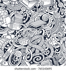Cartoon cute doodles Winter season seamless pattern. All objects separate. Line art detailed, with lots of objects background. Endless vector illustration.