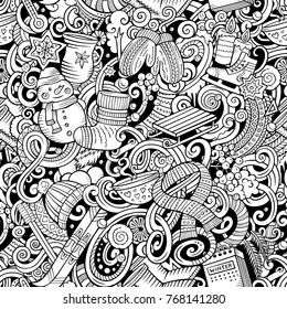 Cartoon cute doodles Winter season seamless pattern. All objects separate. Line art detailed, with lots of objects background. Endless vector illustration.
