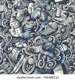 Cartoon cute doodles Winter season seamless pattern. Monochrome detailed, with lots of objects background. All objects separate. Backdrop with seasonal symbols and items