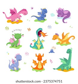 Cartoon cute dragon. Isolated funny dragons characters. Mythical animals with fire flame and wings. Little dinosaurs, nowaday childish vector set