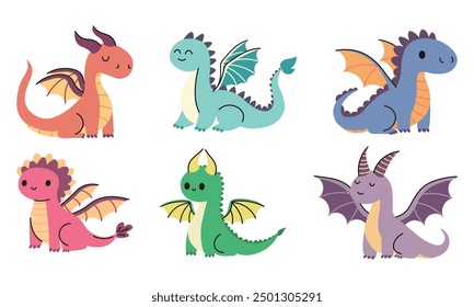 Cartoon cute dragon set. Vector illustration