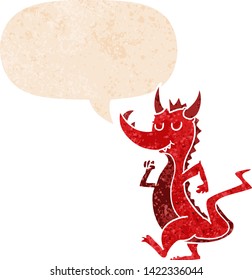 cartoon cute dragon with speech bubble in grunge distressed retro textured style