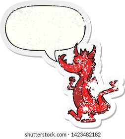 cartoon cute dragon with speech bubble distressed distressed old sticker