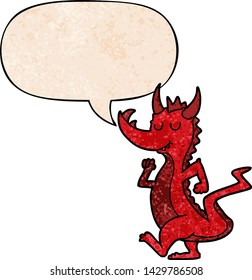 cartoon cute dragon with speech bubble in retro texture style