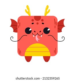 A cartoon cute dragon with a square shape. Square icon for apps or games. Vector illustration isolated on white background