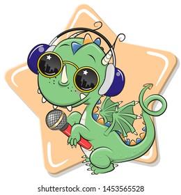 Cartoon Cute Dragon with sun glasses, headphones and microphone on a star background