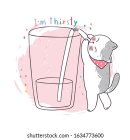 Cartoon cute draw cat thirsty and big glass vector.