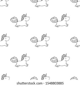 Cartoon cute drawing Happy Unicorn running. Vector seamless pattern