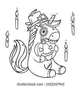 Cartoon cute drawing Unicorn in Dia de los Muertos costume. Vector illustration for the holiday Day of the dead