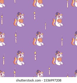 Cartoon cute drawing Unicorn in Dia de los Muertos costume. Vector seamless pattern for the holiday Day of the dead