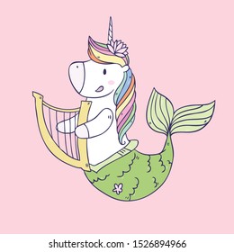 Cartoon cute drawing Unicorn Mermaid. Vector illustration isolated on background
