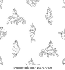 Cartoon cute drawing Unicorn Mermaid. Vector illustration isolated on background