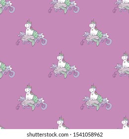 Cartoon cute drawing Unicorn Mermaid. Vector seamless pattern