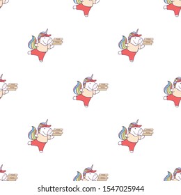 Cartoon cute drawing Unicorn with pizza delivery boxes. Vector seamless pattern
