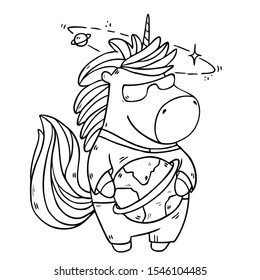 Cartoon cute drawing Unicorn in sunglasses with planet Earth in hands. Vector illustration isolated on background