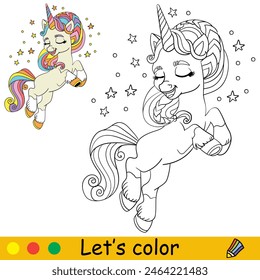 Cartoon cute dreaming unicorn with wings. Kids coloring book page. Unicorn character. Black contour on white background with color template. Vector illustration. For coloring, print, design, stickers