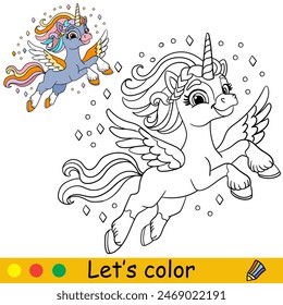 Dibujos animados lindo soñando unicornio con alas. Página de libro para colorear para niños. Carácter unicornio. Contorno negro sobre fondo blanco con Plantilla de color. Ilustración vectorial. Para colorear, imprimir, diseñar, pegatinas