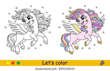 Dibujos animados lindo sueño unicornio con alas. Página de libro para colorear para niños. Carácter de unicornio. Contorno negro sobre fondo blanco con Plantilla de color. Ilustración vectorial. Para colorear, imprimir, diseñar, pegatinas