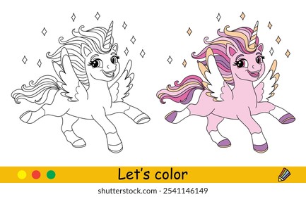 Cartoon cute dreaming unicorn with wings. Kids coloring book page. Unicorn character. Black contour on white background with color template. Vector illustration. For coloring, print, design, stickers