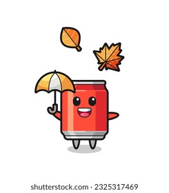 cartoon of the cute drink can holding an umbrella in autumn , cute style design for t shirt, sticker, logo element