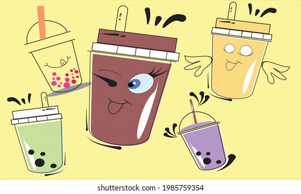 Cartoon Cute Drink Mascot Character and Kawaii Drink Icon Vector Illustration