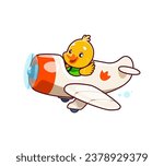 Cartoon cute duck animal character on plane. Animal kid airplane pilot. Isolated vector cute little duckling flying on vintage biplane with propeller. Funny adorable personage for baby shower card