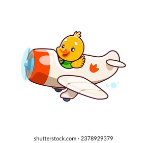 Cartoon cute duck animal character on plane. Animal kid airplane pilot. Isolated vector cute little duckling flying on vintage biplane with propeller. Funny adorable personage for baby shower card