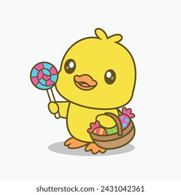 Cartoon cute duck carrying a bag of sweet candy Vector Illustrator, Category.Animals,Food And Drink.