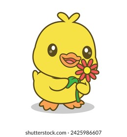 Cartoon cute duck carrying flowers Vector Illustrator. Animals.Nature