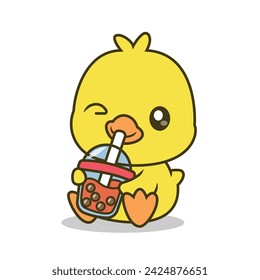 Cartoon Cute Duck Drinking a Cup of Boba. Vector Illustrator. Animals,Food,Drink.