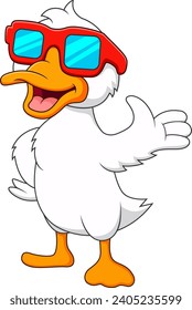 Cartoon cute duck mascot using glasses in summer