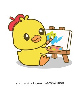 Cartoon cute duck painting drawing Vector Illustration,Animals,Holidays.
