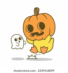 Cartoon cute duck with pumpkin head jumping with cute ghost on Halloween day vector Illustration.Animals.Holidays.